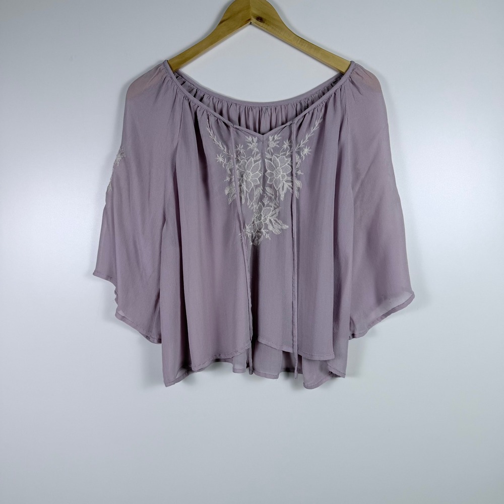 Fairycore Festival World Market Lilac Floral Embroidered Tie Neck Blouse Sz S M - Picture 2 of 10